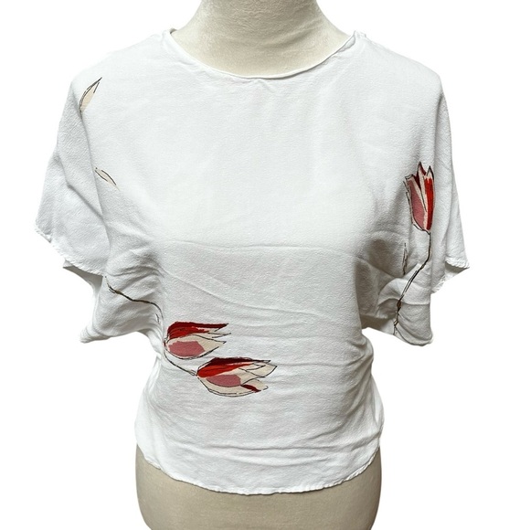 Zara White and Pink Fitted Short Sleeve Tee Size Medium Flowy Floral Viscose - Picture 3 of 10